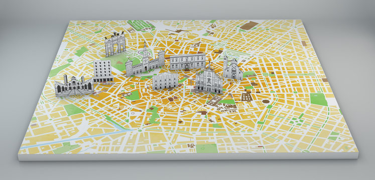 Milano vista satellitare, con mappa e monumenti disegnati, effetto carta
