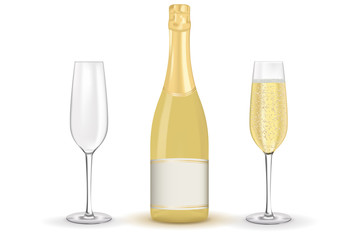 Bottle of champagne with glasses. 