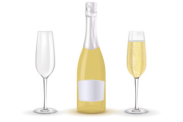 Champagne bottle and a glass.