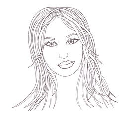 Beautiful woman with waving hair.Graphic style.Drawn black pen.