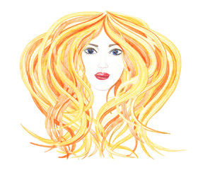 Beautiful woman with orange hair.Drawn colorful pencils