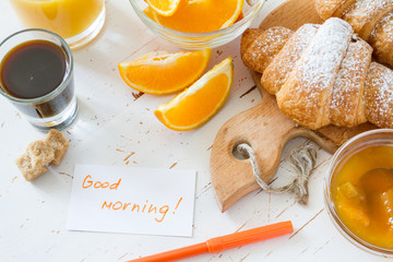 Breakfast note - croissants coffee jam