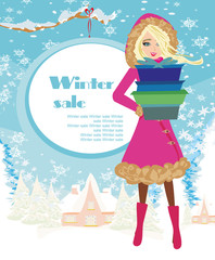 card with a beautiful woman doing the shopping in winter