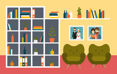 Naklejka premium Living room wall with orange armchairs and book shelves. Flat design vector illustration.