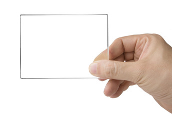 Male hand holding transparent card on white