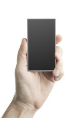 Hand holding smart phone on white