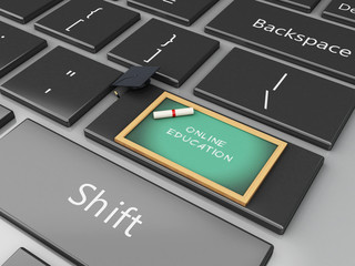 Fototapeta premium 3d Blackboard, graduation cap on computer keyboard.