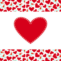 Romantic Red Greeting Card with Hearts and Cute Birds for the Saint Valentine's Day