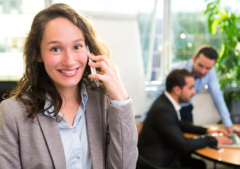 Young attractive businesswoman working at the office with associ