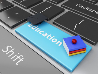 Fototapeta premium 3d graduation cap, books on computer keyboard.