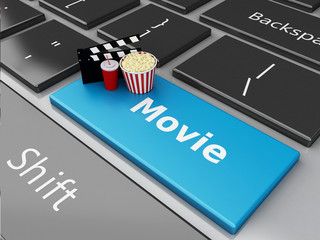 Naklejka premium 3d Popcorn and cinema clapper board on computer keyboard.