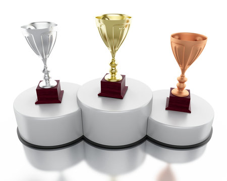 3d Golden, silver and bronze trophy cups  on podium.