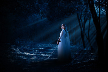 Elven girl with sword in night forest