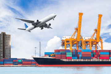 Container cargo ship with cargo plane for logistics concept 