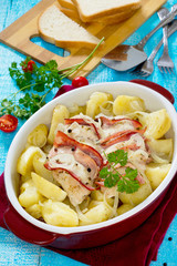 Baked potatoes with chicken and bacon in a rustic style