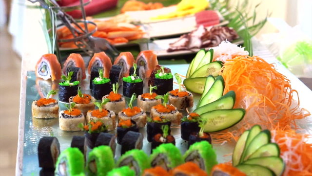 colourful Sushi buffet display in restaurant