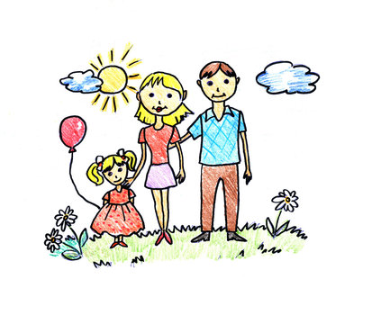 Drawing of happy family on white background