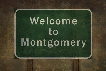 Welcome to Montgomery roadside sign illustration, with distressed ominous background