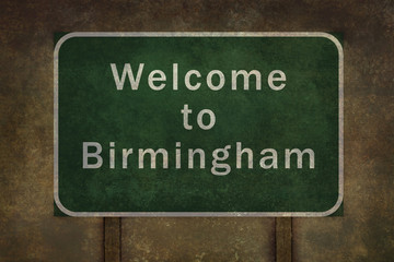 Welcome to Birmingham roadside sign illustration, with distressed ominous background