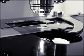 Black and white photo of microscope lenses focused on a specimen