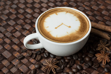 Coffee time , clock drawing on latte art coffee cup
