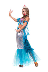 Carnival dancer woman dressed as a mermaid posing, isolated on white