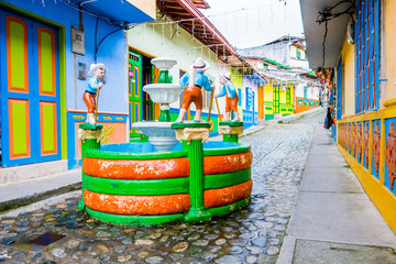 Beautiful and colorful streets in Guatape, known as town of Zocalos. Colombia