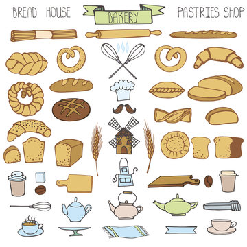 Doodle bakery,bread icons set.Colored vintage elements
