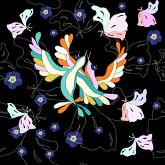 Fototapeta na wymiar Two singing birds, floral background, Romantic seamless pattern