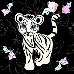 Little baby tiger on a background of flowers, seamless pattern