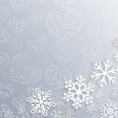 Christmas background with hearts and snowflakes