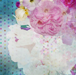 Abstract portrait of a girl in pink flower hat on the background of flowers