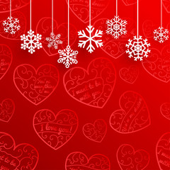 Christmas background with hanging snowflakes on background of he