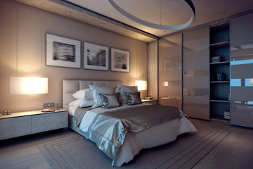 Fototapeta na wymiar 3D rendering evening bedroom house in the forest