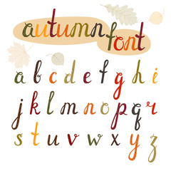 Hand-drawn autumn font. All the letters are painted in autumn colors. Italic, bold. Grunge style. Vector illustration.