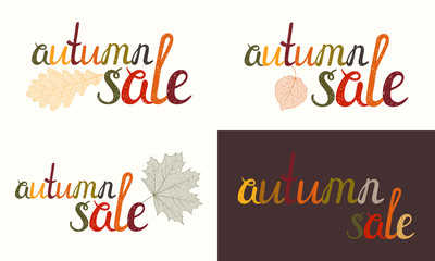 Set of Autumn sale inscription with autumn skeletal leaves. Handwritten letters painted in autumn colors. Can be used for flyer, banner, poster, card, postcard, label, invitation. Vector illustration.