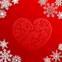 Christmas background with big heart and snowflakes