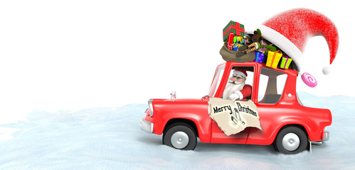 Naklejka premium Santa Claus with gifts above the car