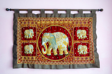 Five india elephants on silk gobelin for luck