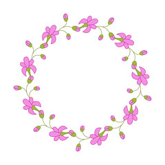Fototapeta premium Floral romantic round frame. Wreath with hand drawn doodle flower. Design for greeting, invitation card for birthday, valentine, wedding and any holiday.