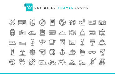 Set of 50 travel icons, thin line style - obrazy, fototapety, plakaty