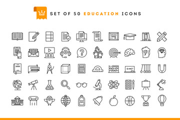 Set of 50 education icons, thin line style - obrazy, fototapety, plakaty