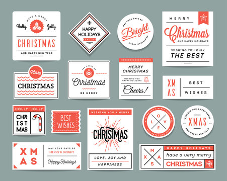 Set of beautiful Christmas themed labels and greeting cards