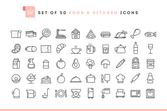 Set of 50 food and kitchen icons, thin line style