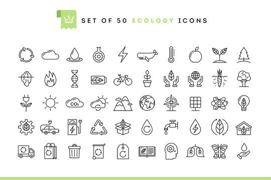 Set of 50 ecology icons, thin line style