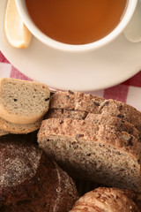 Breakfast with bread and tea.