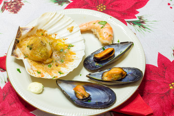 Mussels and scallops appetizer with shrimp