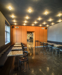 Interior of restaurant. Wooden design.