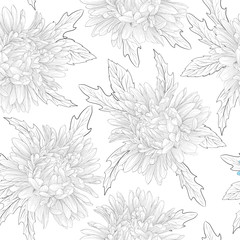Beautiful monochrome black and white  seamless background with flowers.