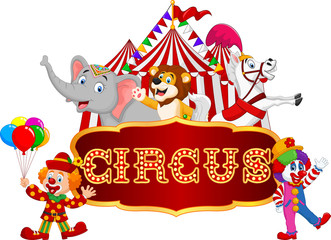 Cartoon animal circus  and clown with carnival background